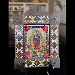 Vintage Mexican Folk Art Copper & Tile Shrine — Our Lady of Guadalupe